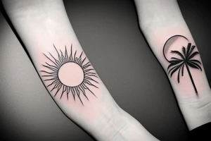 minimalistic landscape with palm sun and sea tattoo idea