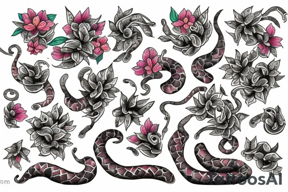 Snake flowers cats tattoo idea