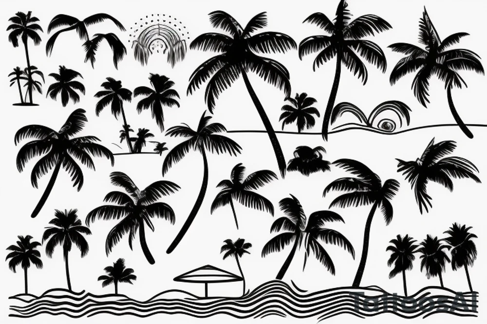 sketch of a beach with palm trees and waves tattoo idea