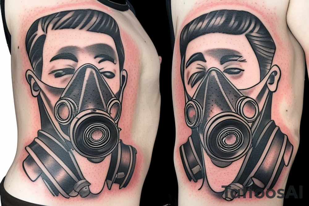 a man in a gas mask in front of a burning building tattoo idea