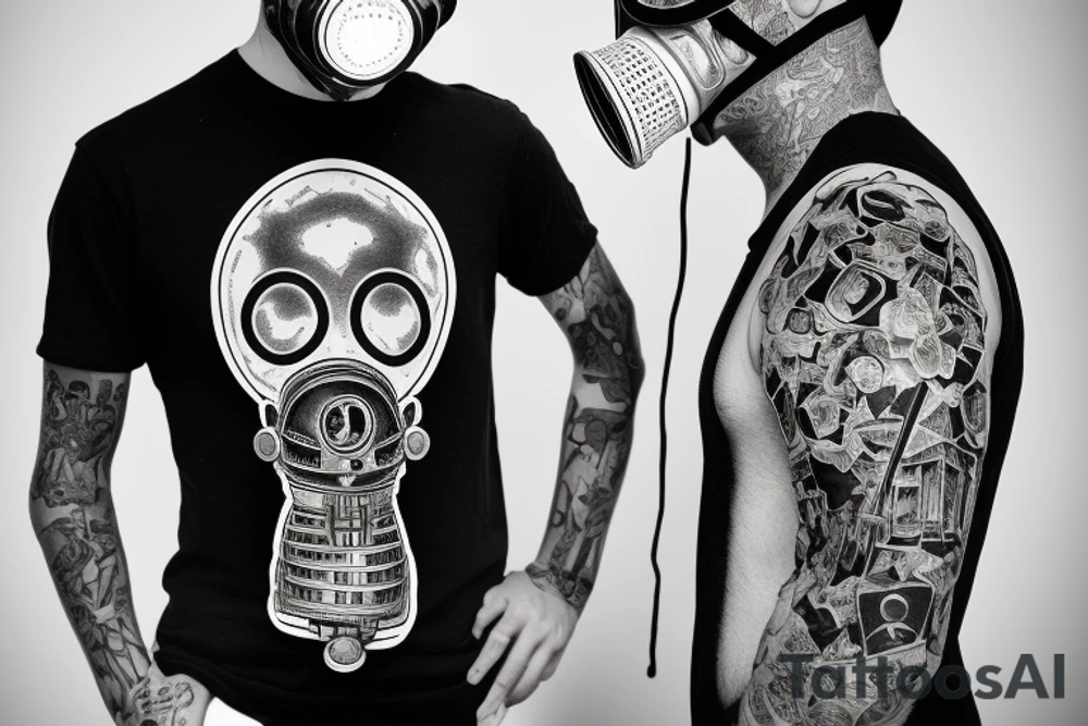 a man in a gas mask in front of a burning building tattoo idea