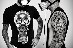 a man in a gas mask in front of a burning building tattoo idea