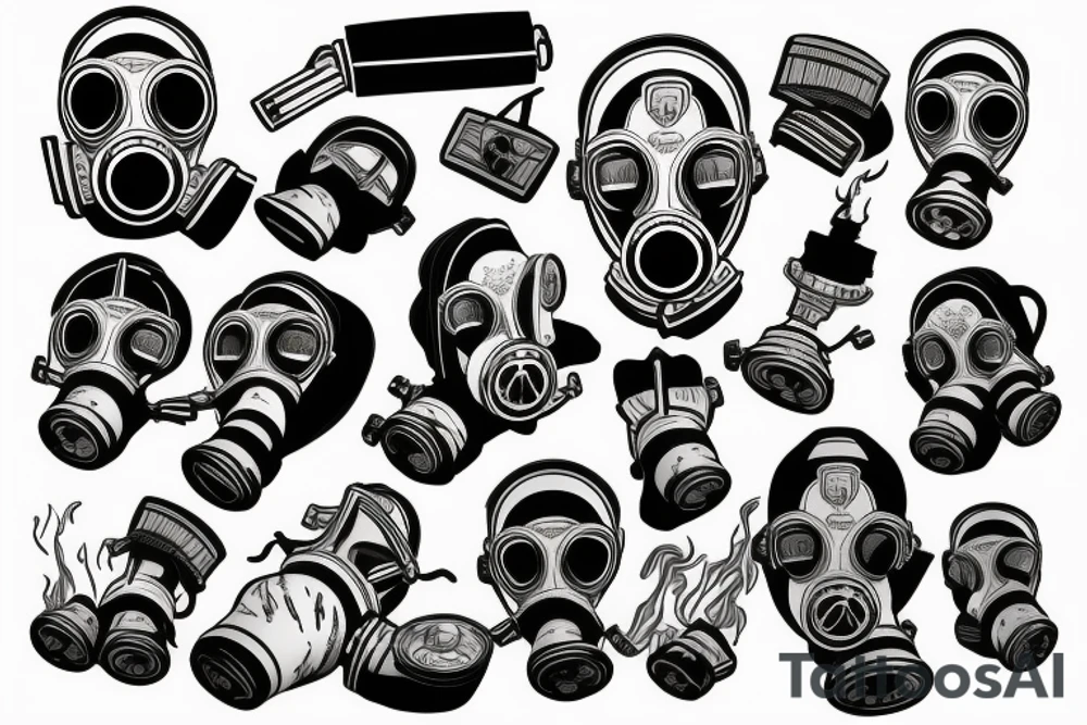 a gas mask in front of a burning building tattoo idea