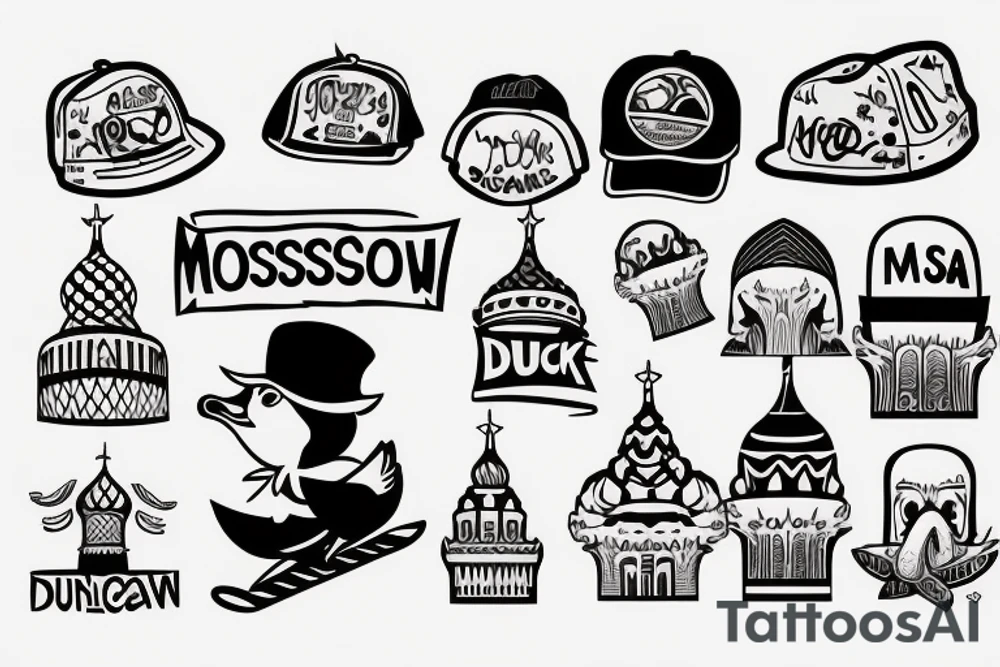 a duck with a cool hat skateboarding in moscow tattoo idea