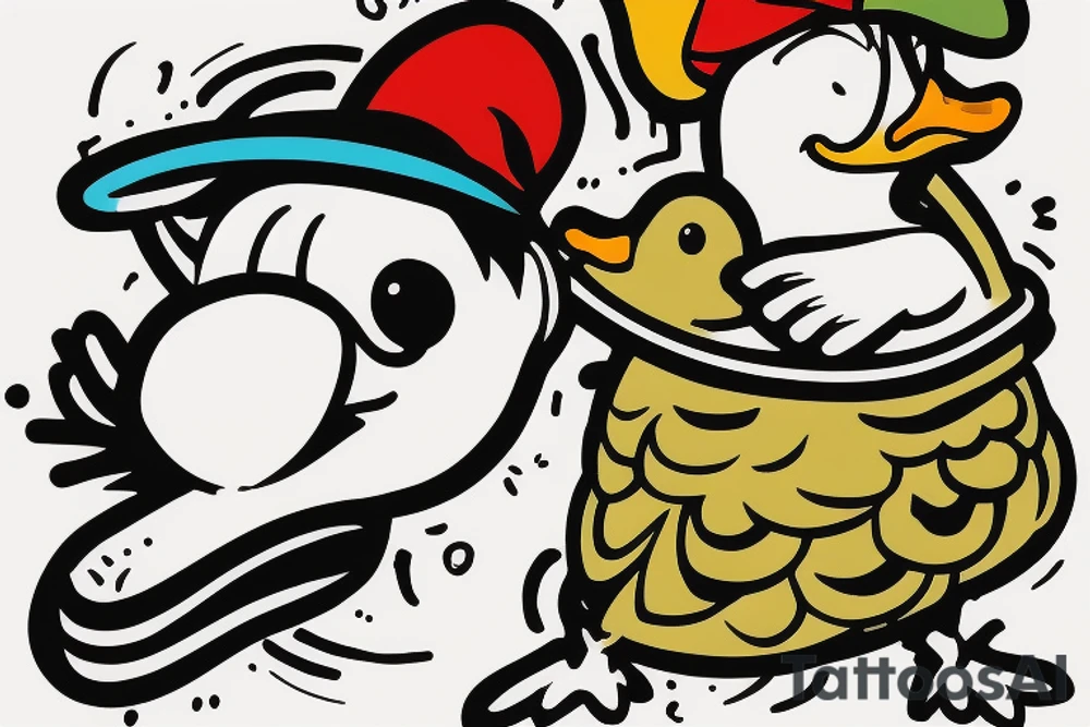a duck with a cool hat skateboarding in Dublin tattoo idea