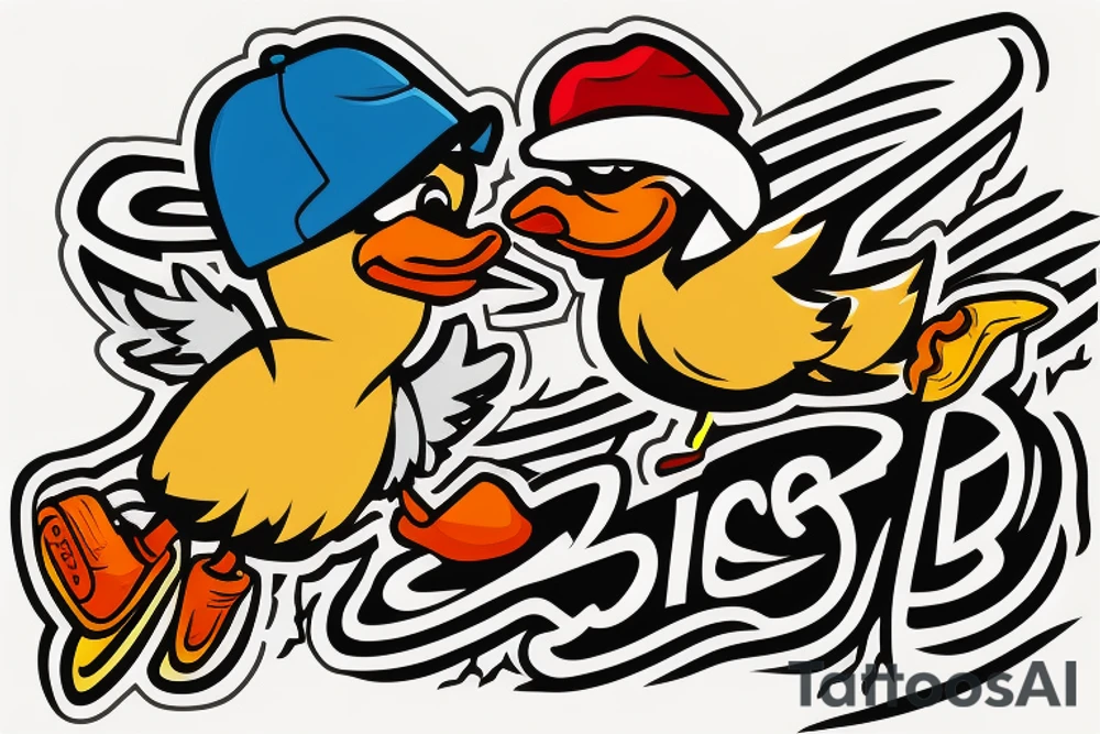 a duck with a cool hat skateboarding in Dublin tattoo idea