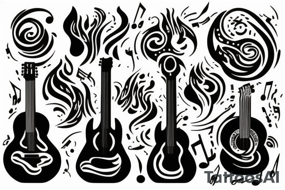 Guitar and notes in fire tattoo idea
