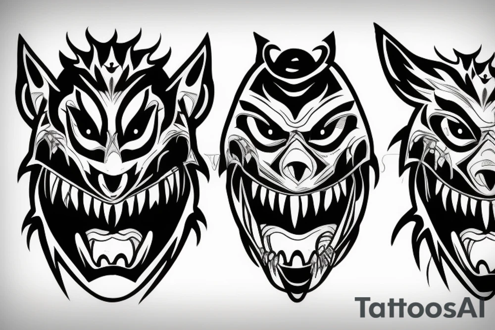 hanya mask with scars and sharp teeth and fangs tattoo idea
