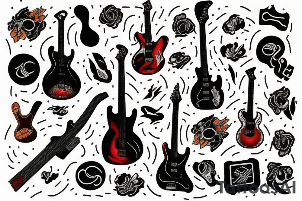 Guitar and notes in fire tattoo idea