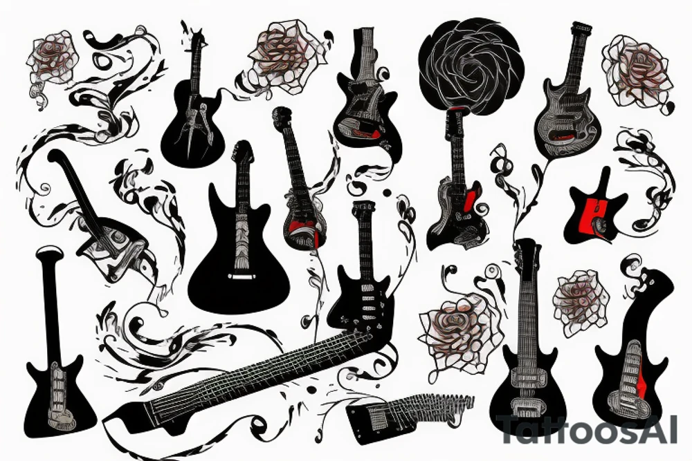 Guitar and notes in fire tattoo idea
