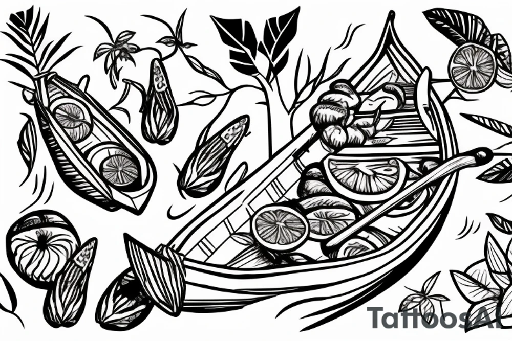 Two tropical fruits holding hands and sailing a canoe tattoo idea
