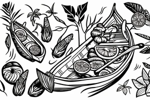 Two tropical fruits holding hands and sailing a canoe tattoo idea