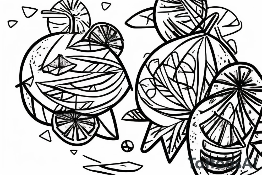 Two tropical fruits holding hands and sailing a canoe tattoo idea