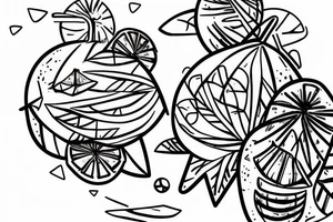 Two tropical fruits holding hands and sailing a canoe tattoo idea