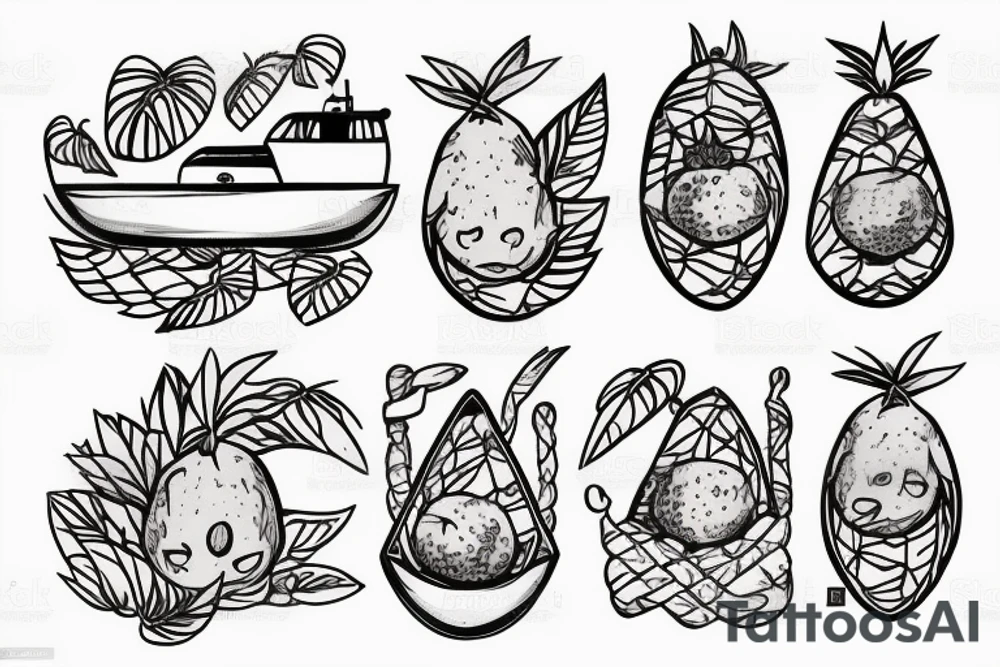 Two tropical fruits holding hands and sailing a canoe tattoo idea