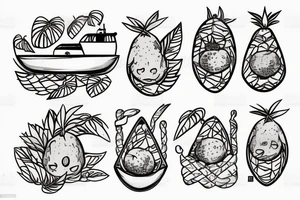 Two tropical fruits holding hands and sailing a canoe tattoo idea