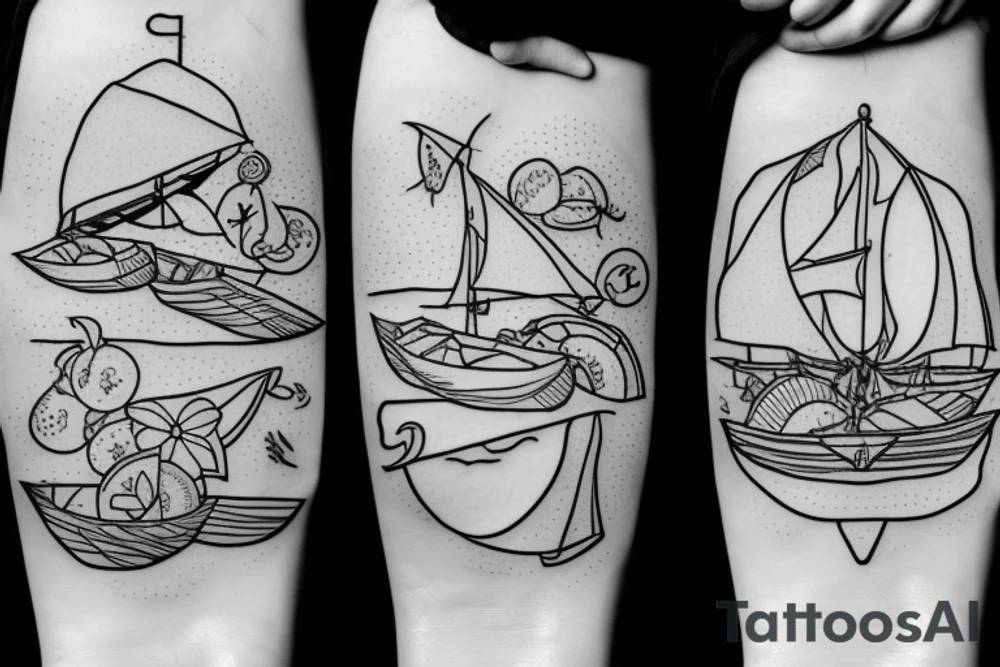 Two tropical fruits holding hands and sailing a canoe tattoo idea