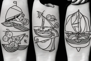 Two tropical fruits holding hands and sailing a canoe tattoo idea