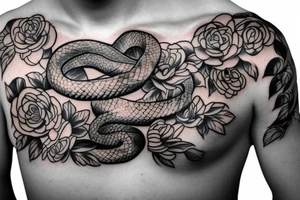chest tattoo of a snake with flowers tattoo idea