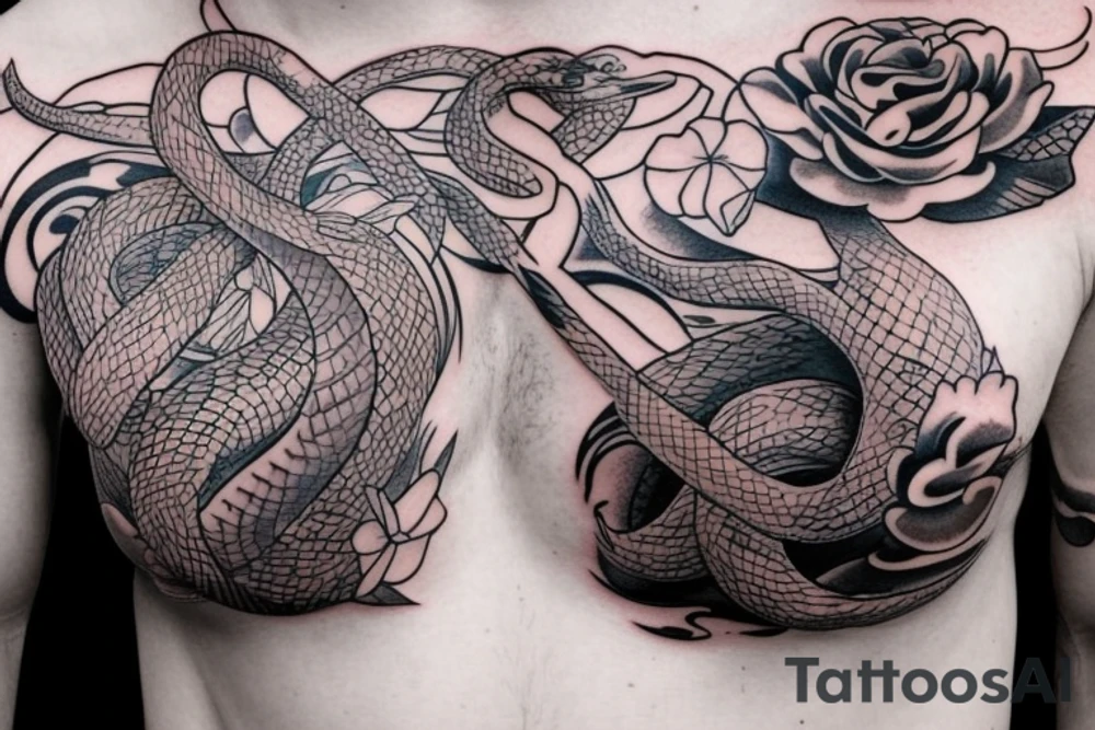 chest tattoo of a snake with flowers tattoo idea