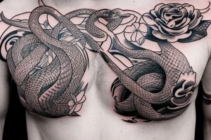 chest tattoo of a snake with flowers tattoo idea