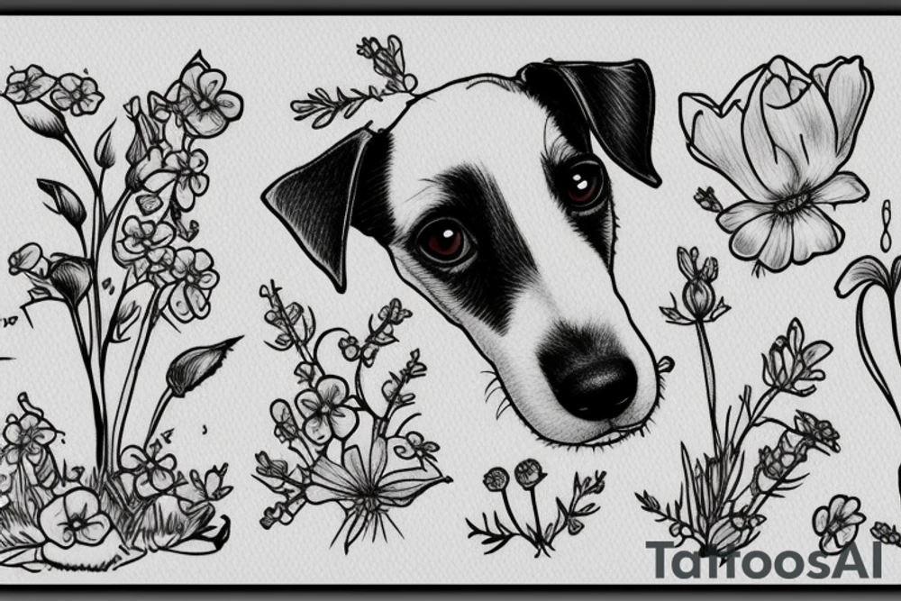 Jack Russell terrier in the field of forget-me-nots tattoo idea