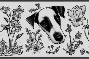 Jack Russell terrier in the field of forget-me-nots tattoo idea