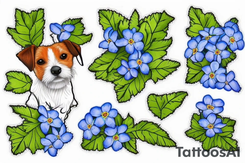 Jack Russell terrier in the field of forget-me-nots tattoo idea
