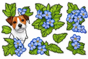 Jack Russell terrier in the field of forget-me-nots tattoo idea