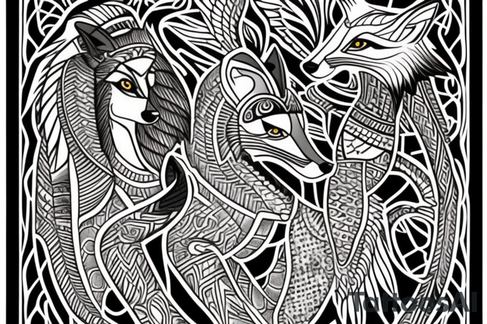 Wolf and fox in Egyptian style tattoo idea