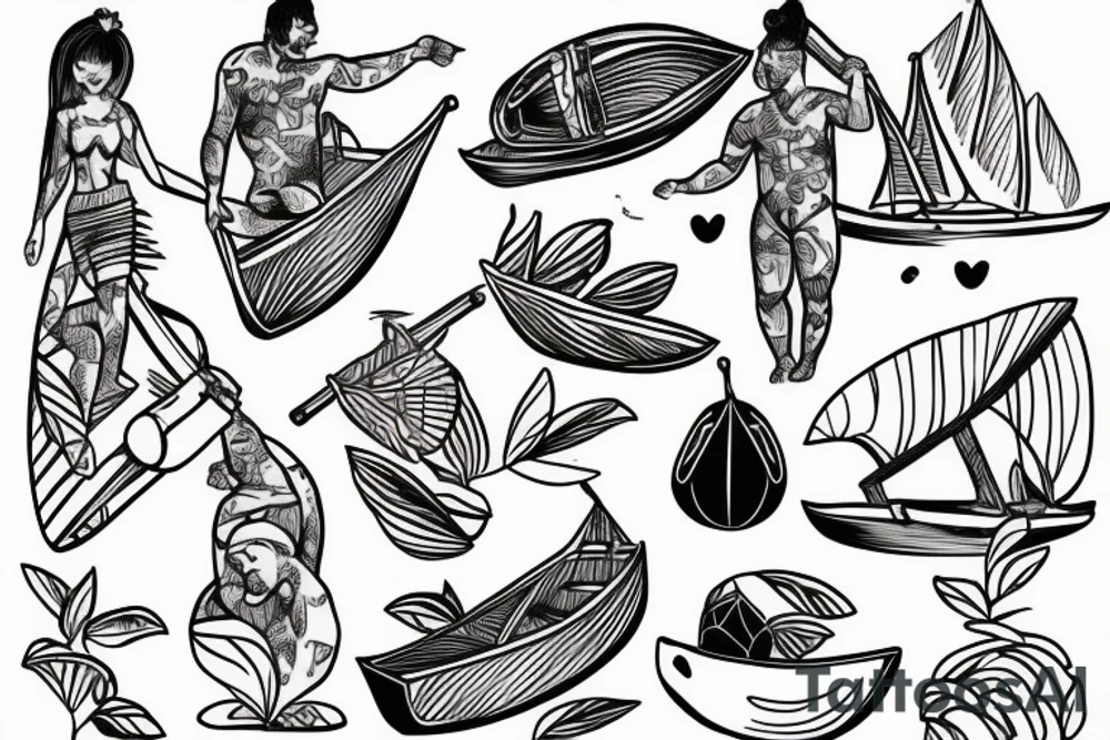 Two humanized tropical fruits holding hands and sailing a canoe tattoo idea