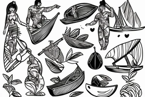 Two humanized tropical fruits holding hands and sailing a canoe tattoo idea