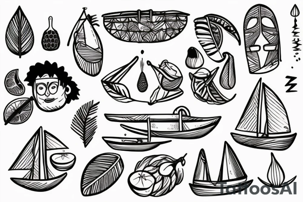 Two humanized tropical fruits holding hands and sailing a canoe tattoo idea