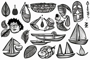 Two humanized tropical fruits holding hands and sailing a canoe tattoo idea