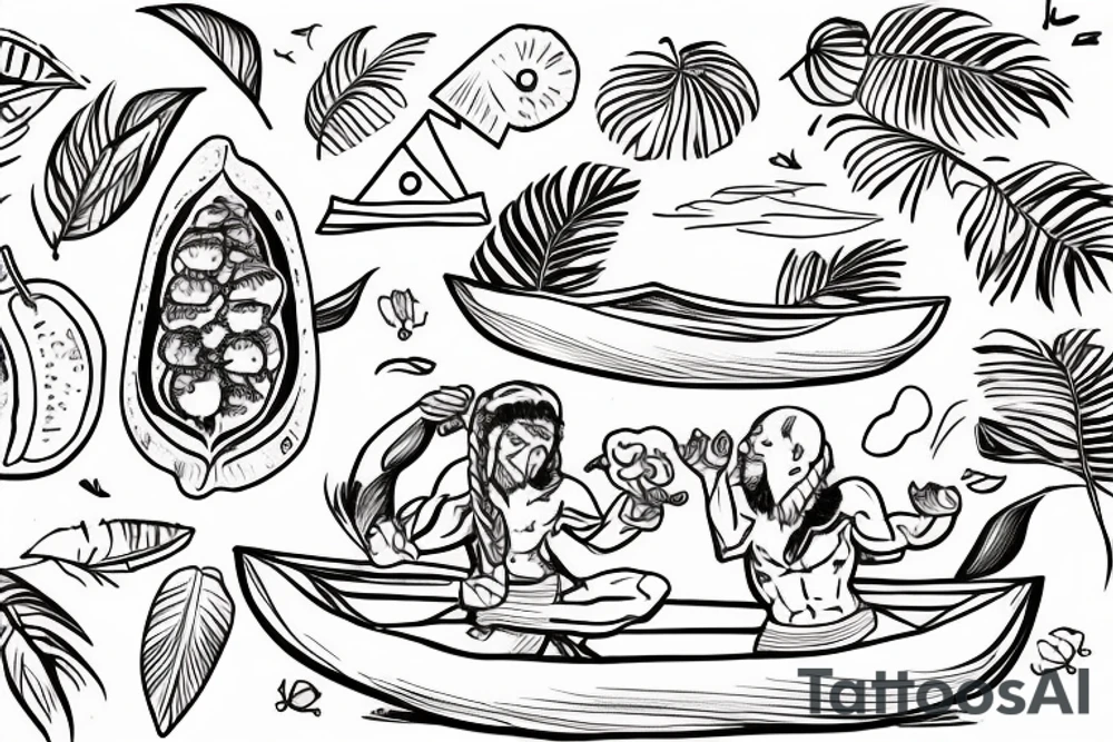 Two humanized tropical fruits holding hands and sailing a canoe tattoo idea
