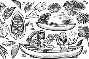 Two humanized tropical fruits holding hands and sailing a canoe tattoo idea