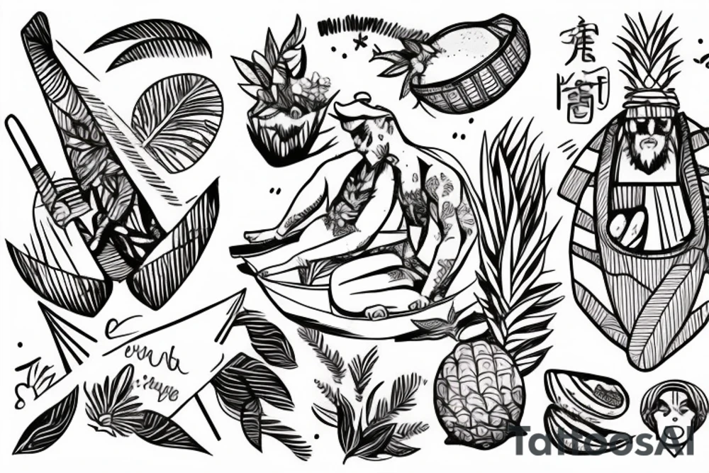Two humanized tropical fruits holding hands and sailing a canoe tattoo idea
