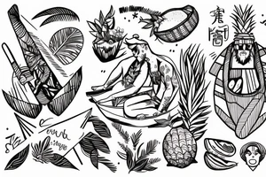 Two humanized tropical fruits holding hands and sailing a canoe tattoo idea