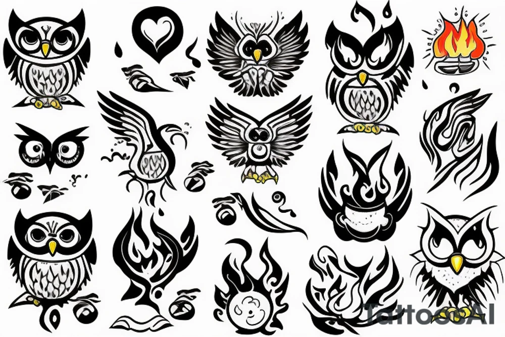 owl licking fire flames
and touch the sky tattoo idea