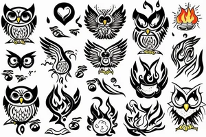 owl licking fire flames
and touch the sky tattoo idea