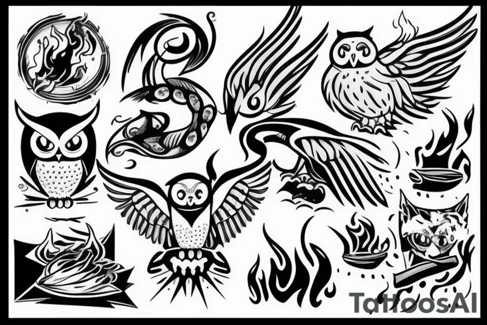 owl licking fire flames
and touch the sky tattoo idea