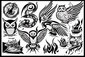 owl licking fire flames
and touch the sky tattoo idea
