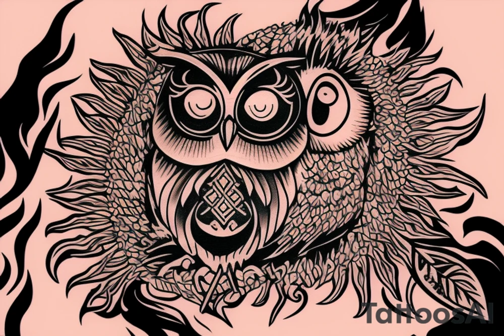 owl licking fire flames tattoo idea