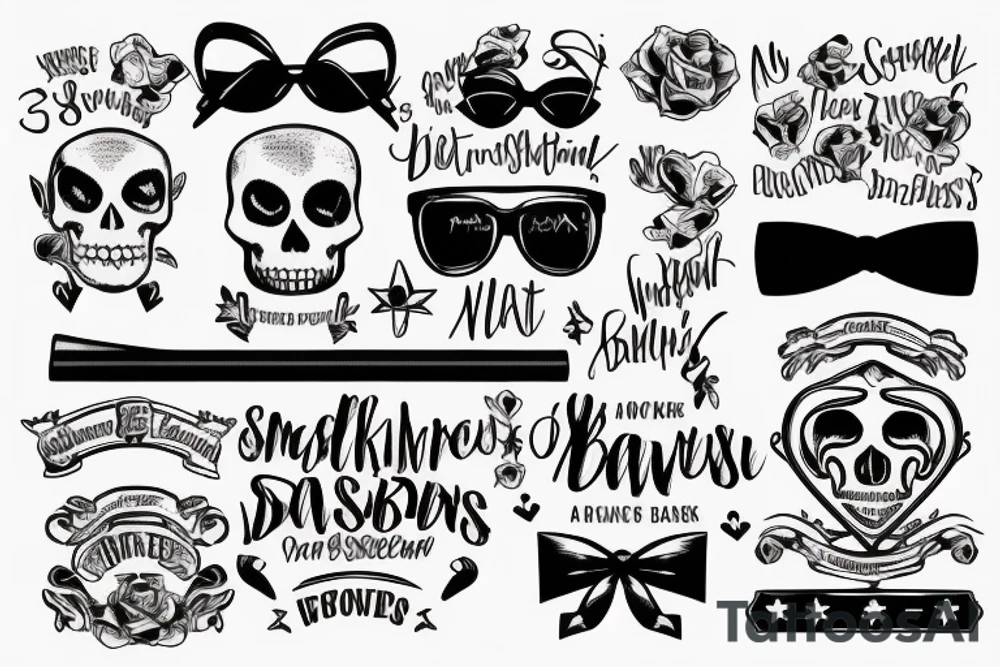 Ribbon with the inscription Skinhead at the top
In the middle is a waist-high skeleton in dark glasses smoking cigarettes in a shirt with suspenders
At the bottom of the ribbon with the inscription For Life tattoo idea