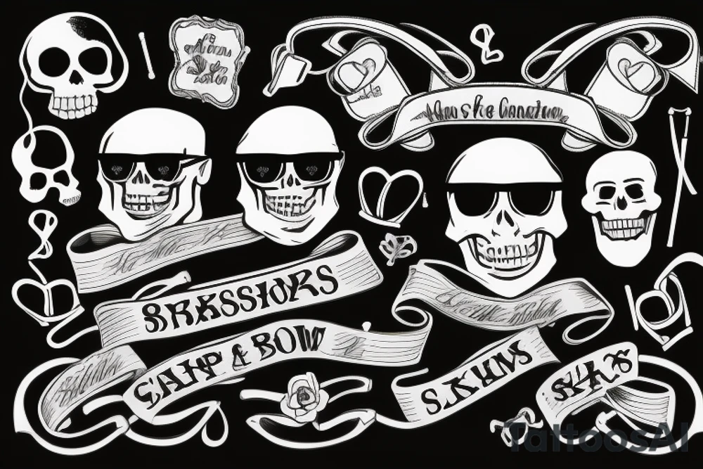 Ribbon with the inscription Skinhead at the top
In the middle is a waist-high skeleton in dark glasses smoking cigarettes in a shirt with suspenders
At the bottom of the ribbon with the inscription For Life tattoo idea