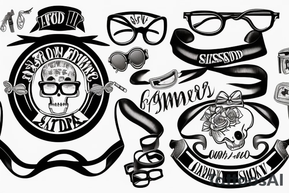 Ribbon with the inscription Skinhead at the top
In the middle is a waist-high skeleton in dark glasses smoking cigarettes in a shirt with suspenders
At the bottom of the ribbon with the inscription For Life tattoo idea