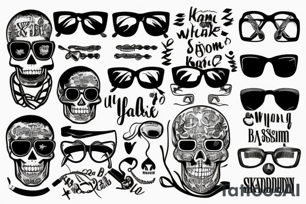Ribbon with the inscription Skinhead at the top
In the middle is a waist-high skeleton in dark glasses smoking cigarettes in a shirt with suspenders
At the bottom of the ribbon with the inscription For Life tattoo idea