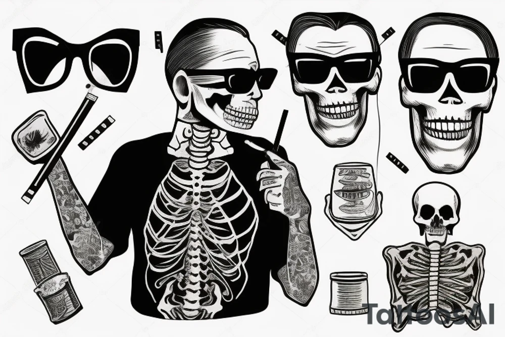 In the middle is a waist-high skeleton in dark glasses smoking cigarettes in a shirt with suspenders tattoo idea