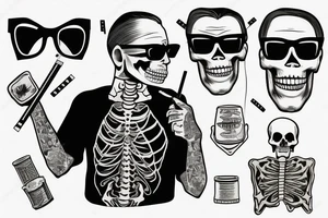 In the middle is a waist-high skeleton in dark glasses smoking cigarettes in a shirt with suspenders tattoo idea