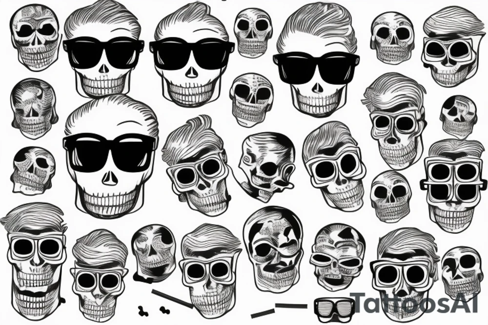 In the middle is a waist-high skeleton in dark glasses smoking cigarettes in a shirt with suspenders tattoo idea